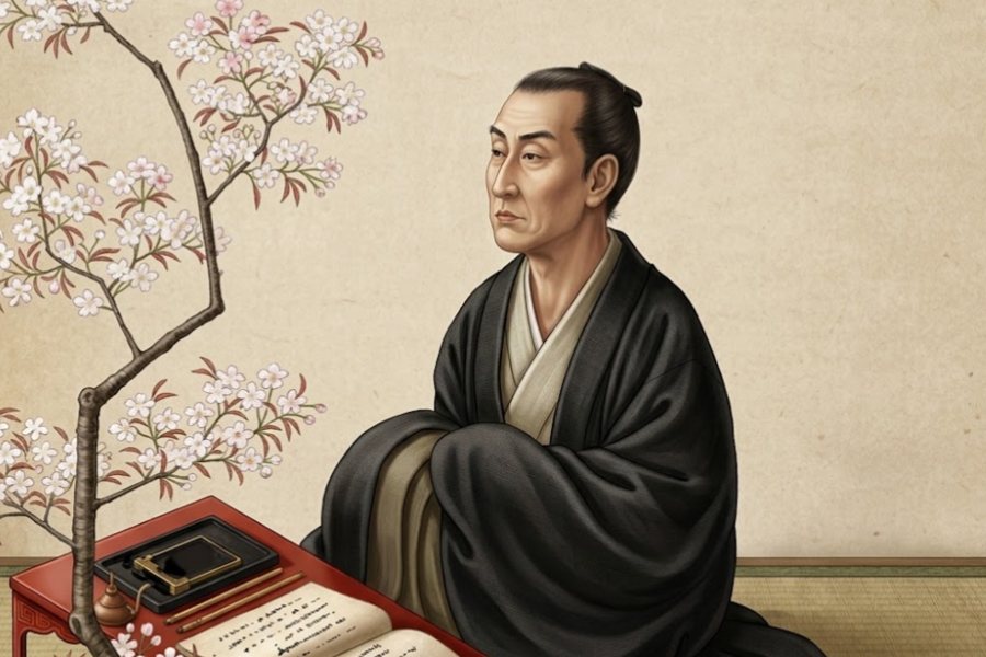 文机に向かう本居宣長と桜